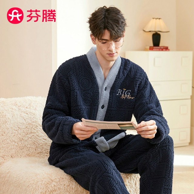 11321726.芬腾【加绒加厚】晚秋V领英文束袖男士开衫睡衣保暖可外穿家居服