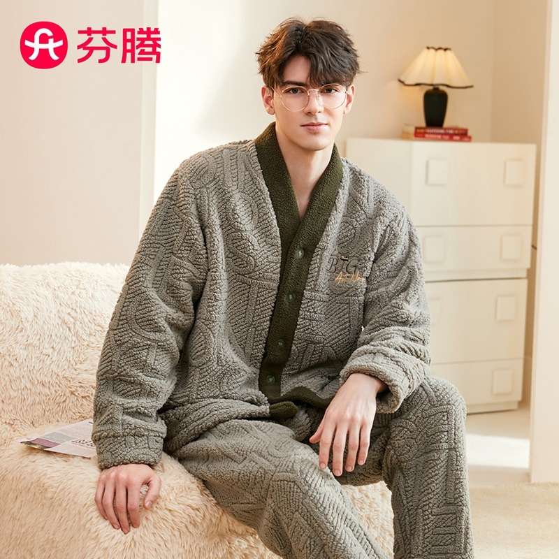 11321726.芬腾【加绒加厚】晚秋V领英文束袖男士开衫睡衣保暖可外穿家居服