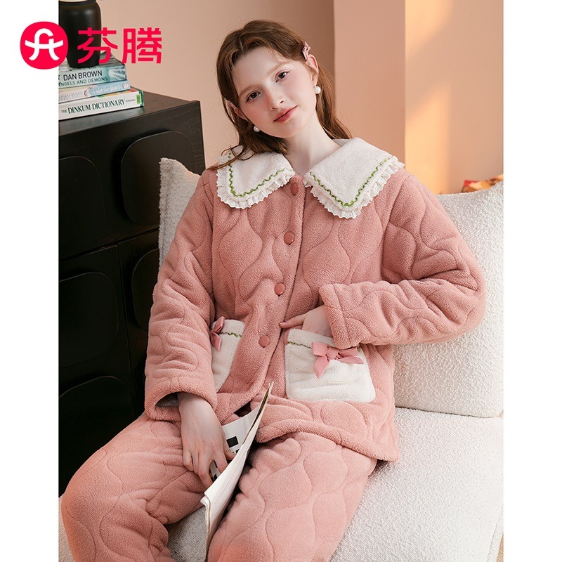 11325507.芬腾【小香风夹棉】秋冬蕾丝花边翻领优雅保暖长袖家居服套装女睡衣