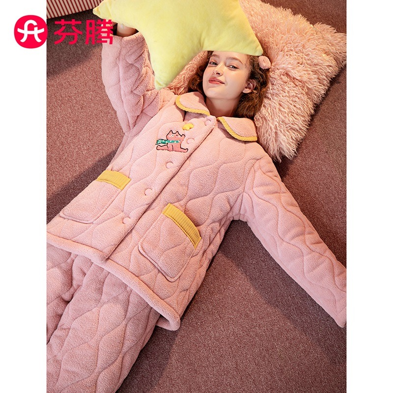 11325626.芬腾【三层夹棉】秋冬休闲翻领卡通加绒加厚女士家居服套装保暖睡衣女