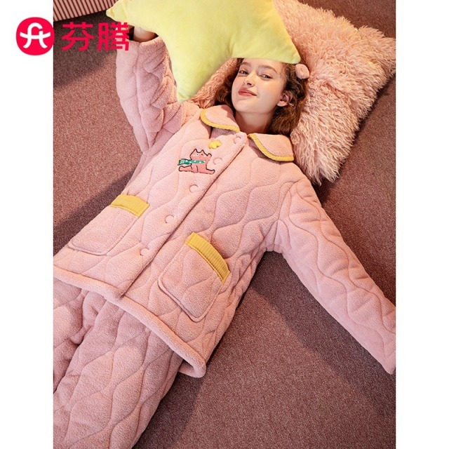 11325626.芬腾【三层夹棉】秋冬休闲翻领卡通加绒加厚女士家居服套装保暖睡衣女