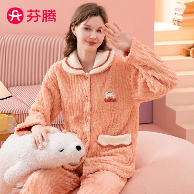 11325596.芬腾【双面暖绒】秋冬镶边翻领小熊刺绣加厚加绒保暖家居服套装女睡衣