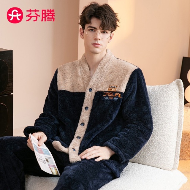 11332183.芬腾【双面暖绒套装】男士家居服秋冬季新款V领开衫时尚保暖睡衣男