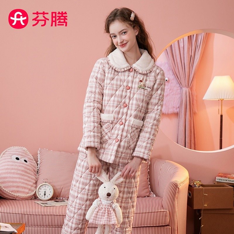 11333094.芬腾【三层夹棉】秋冬暖绒花边娃娃领格纹加厚加绒家居服套装女睡衣
