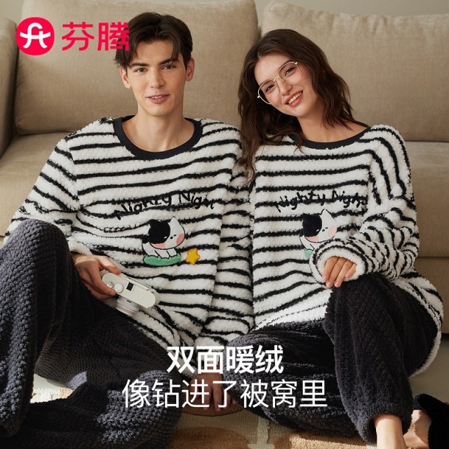 11596582.芬腾【范丞丞明星同款】睡衣男秋冬双面绒圆领条纹加厚女士家居服套装-情侣拼款
