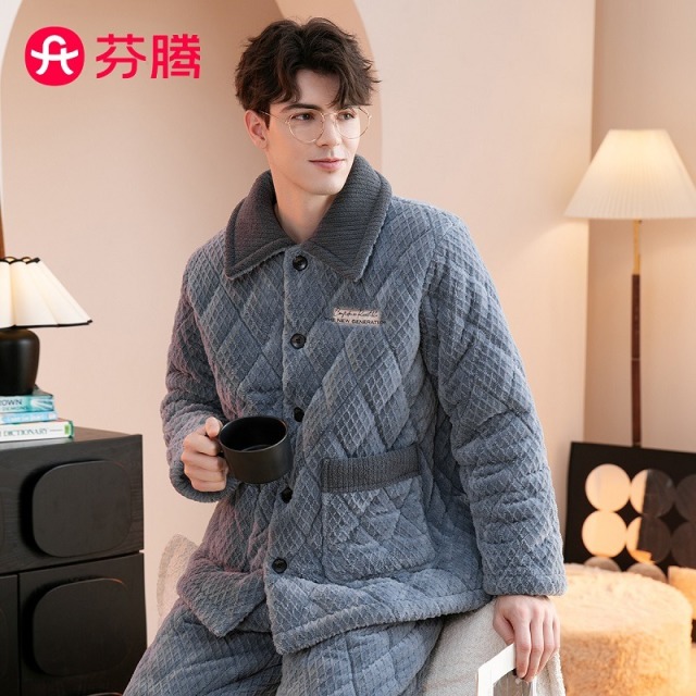 11353573.【降温福利 直降120元】芬腾【三层夹棉加绒】秋冬翻领开衫长袖简约保暖家居服男士睡衣男套装