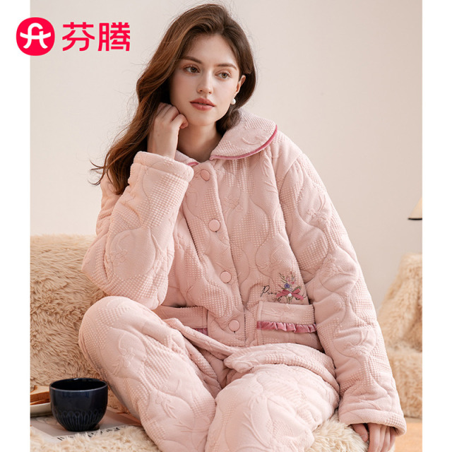 11353476.芬腾【淑女外穿 加绒夹棉】秋冬厚实保暖翻领开衫家居服女士睡衣套装