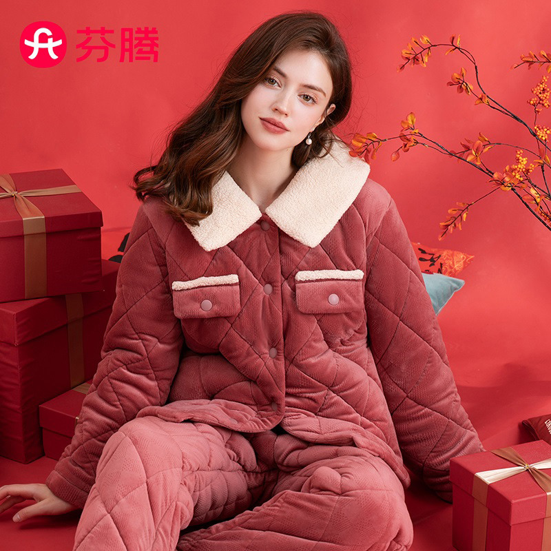 11353560.芬腾【喜庆三层夹棉】秋冬新年翻领长袖保暖本命年家居服女士套装睡衣