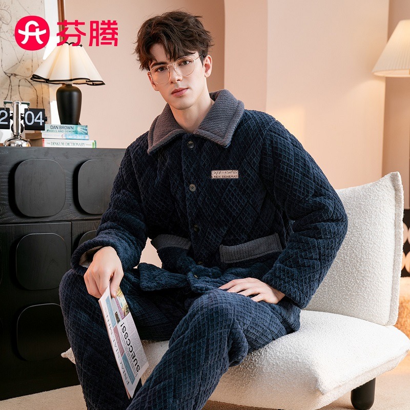 11353573.【降温福利 直降120元】芬腾【三层夹棉加绒】秋冬翻领开衫长袖简约保暖家居服男士睡衣男套装