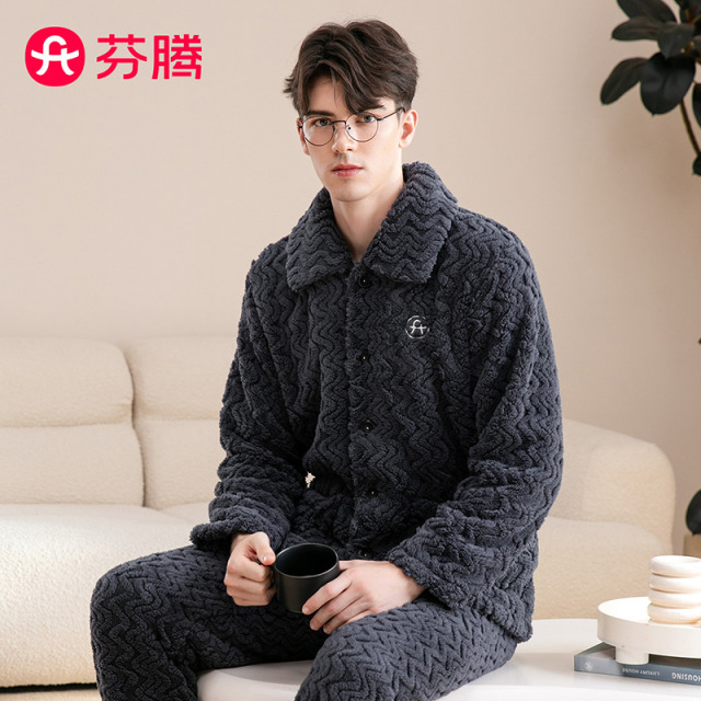 11394509.芬腾品牌专供【五好标准加厚暖绒情侣】睡衣女秋冬季少女感保暖翻领开衫长袖男士家居服套装-情侣拼款