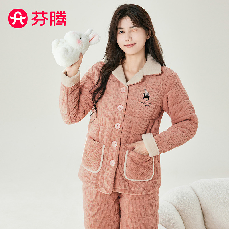 11418059.芬腾【加绒夹棉】秋冬加厚保暖甜美翻领开衫外穿家居服女睡衣女士套装