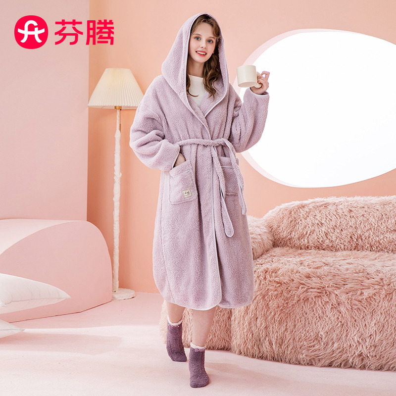 11550112.【特批清仓 售完无补】芬腾【加厚双面绒】冬季南芙泡绒连帽长袖家居服女士睡袍可外穿