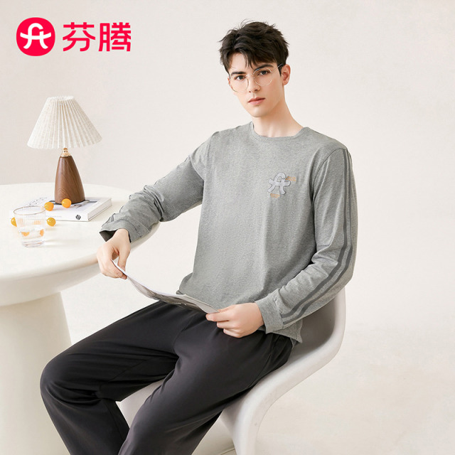 11560669.芬腾【100%纯棉】春季新品套头圆领运动风长袖家居服男套装睡衣