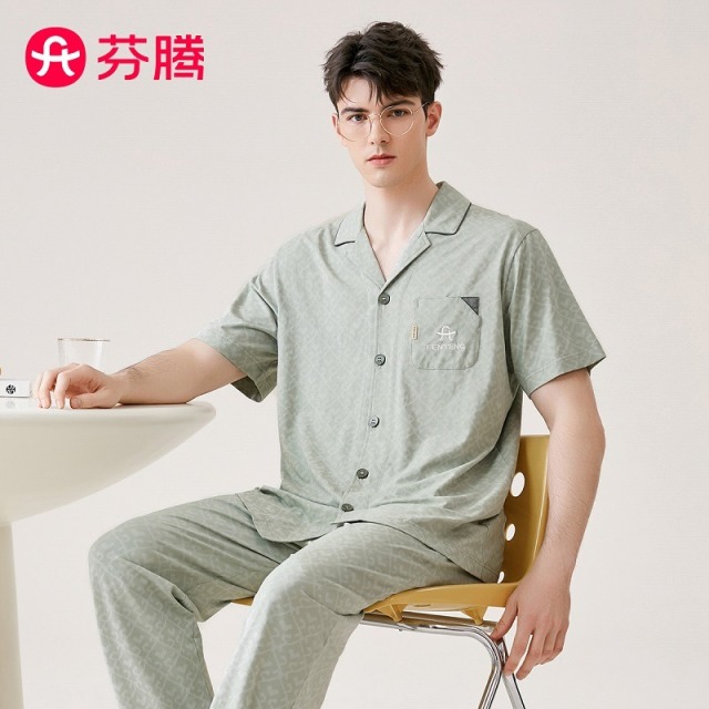 11561616.芬腾【100%棉】夏季薄款翻领睡衣男士高级感家居服短袖套装男