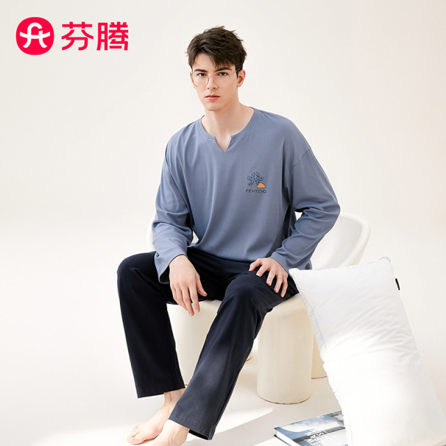 11596199.芬腾【运动风】春季小v领舒适灯芯微弹长袖男士家居服套装男睡衣