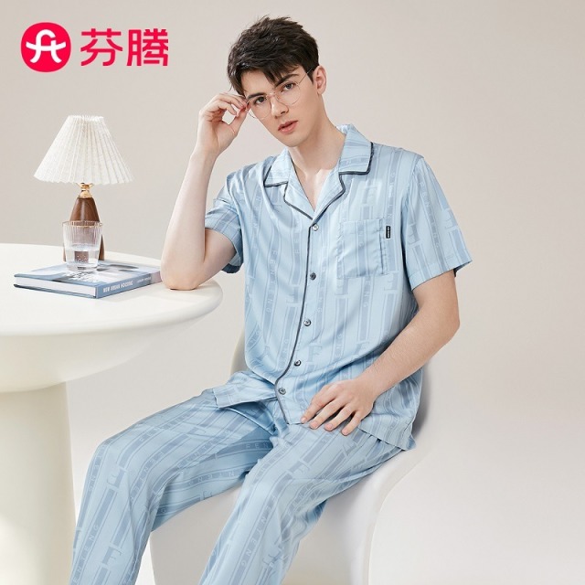 13596212.【福利直降 售完无补】芬腾品牌专供【轻奢风顺滑冰丝】夏季薄款翻领短袖长裤条纹外穿家居服男士睡衣男套装