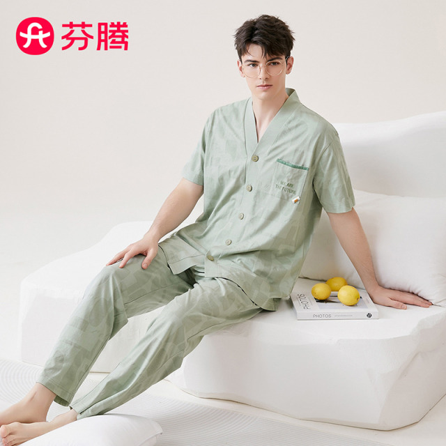 13308209.芬腾品牌专供【100%棉】夏季开襟V领清爽短袖男士薄款居家服睡衣套装
