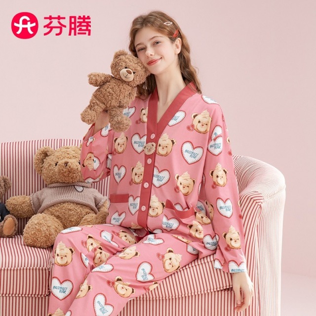 11617038.芬腾【小熊部落IP联名】春季V领100%棉长袖睡衣少女家居服睡衣