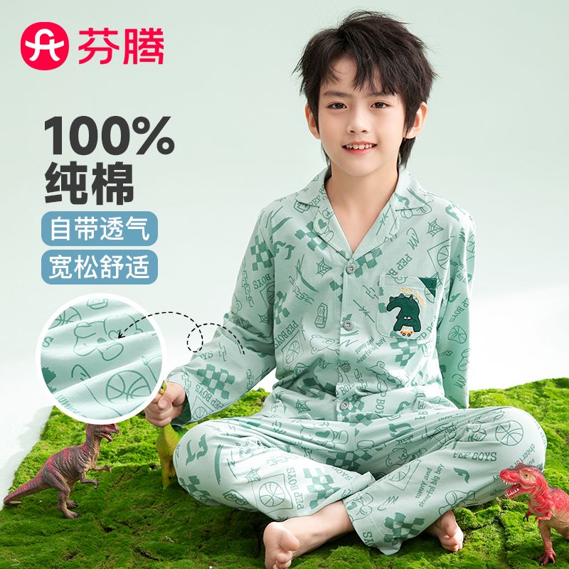 11607905.芬腾品牌专供【100%棉】新品睡衣男童春季翻领长袖卡通儿童家居服套装