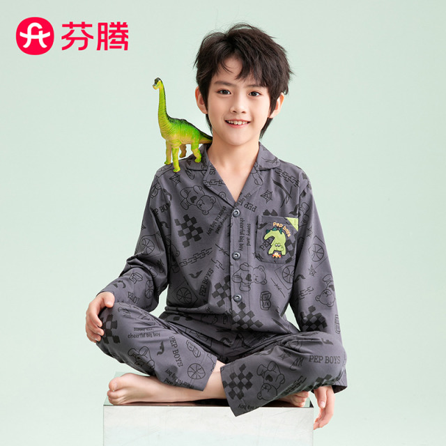 11607905.芬腾品牌专供【100%棉】新品睡衣男童春季翻领长袖卡通儿童家居服套装
