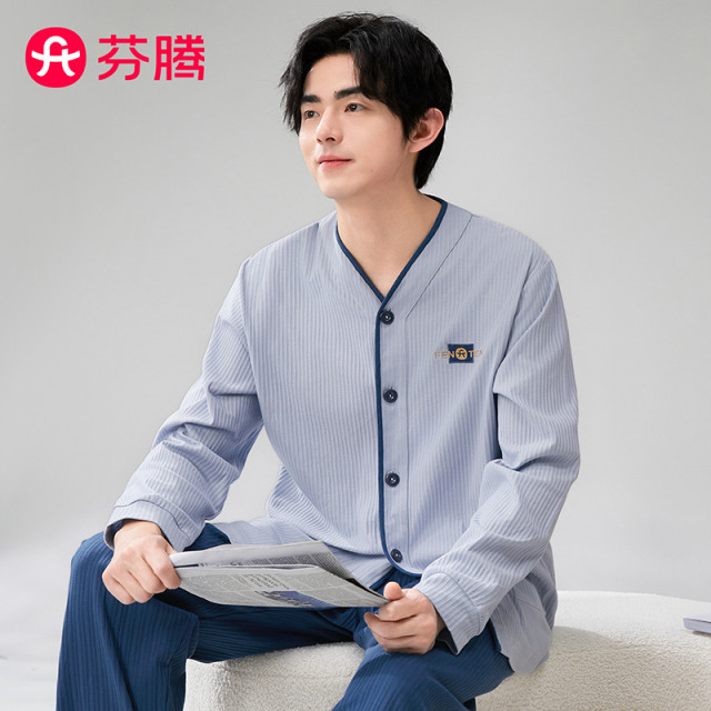11633839.芬腾【柔软透气】五好高标准男士睡衣春季高级感V领开衫薄款新品家居服男套装