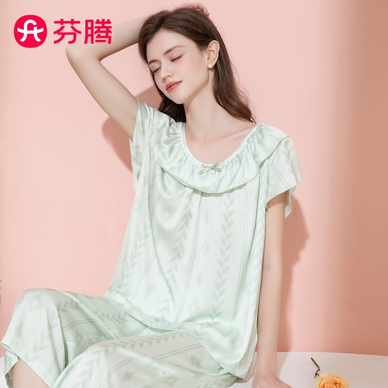 13596208.【直降50元 售完无补】芬腾轻奢风【清爽冰丝缎】春夏新品圆领七分裤女款睡衣高级感丝质家居服套装