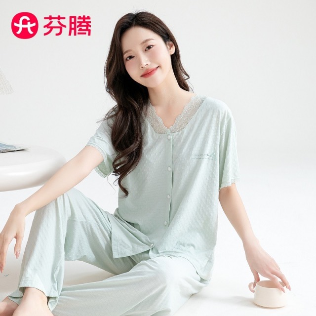 13363573.芬腾【40支云棉】夏季薄款蕾丝V领短袖长裤家居服女士睡衣女套装