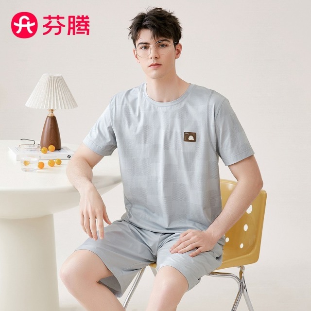 11702017.芬腾品牌专供【100%纯棉】夏季新款圆领短袖短裤透气男士睡衣套装家居服