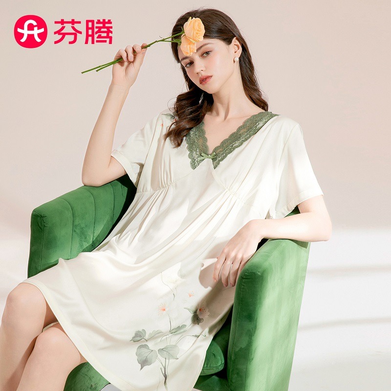 11704469.芬腾轻奢风【冰丝高级感】夏季新款性感蕾丝短袖女士家居服睡裙连身裙短裙