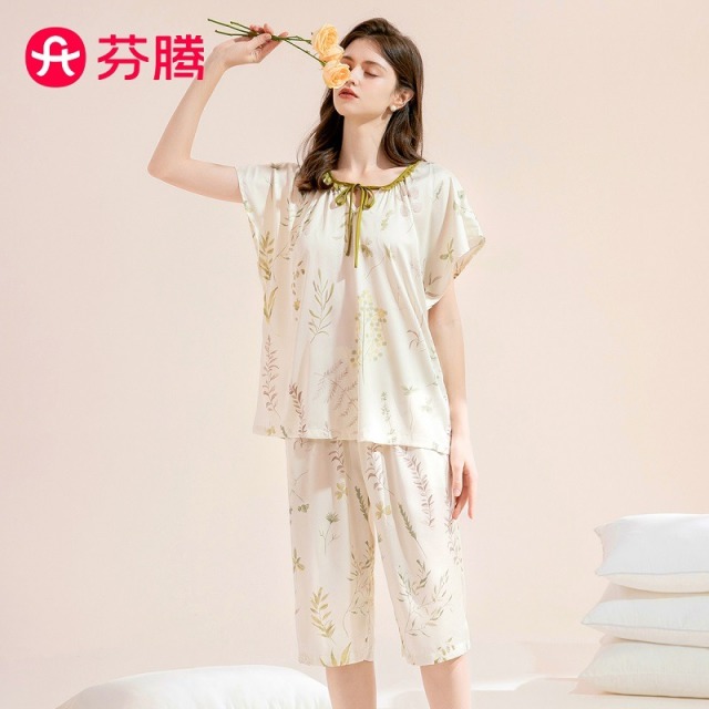 13596204.芬腾品牌专供轻奢风【冰丝高级感】田园花卉夏季新款花边圆领短袖女士家居服套装可外穿睡衣