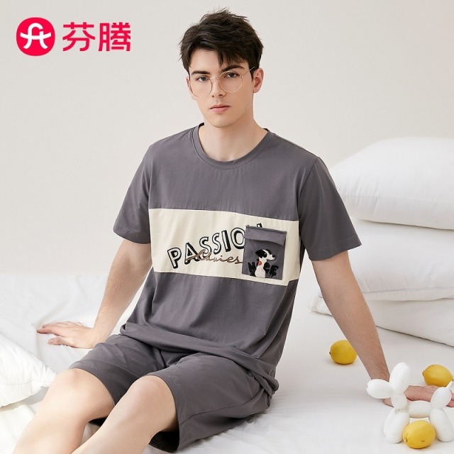 11708500.芬腾品牌专供【100%纯棉】夏季新款薄款圆领外穿运动家居服套装男士睡衣