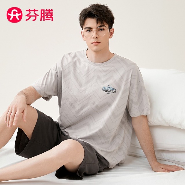 13589818.芬腾品牌专供【100%纯棉】夏季新款圆领薄款可外穿男士睡衣短袖家居服套装