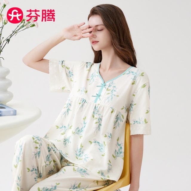 11715308.【直降20元 售完无补】芬腾品牌专供田园花卉系列【100%纯棉】夏季新款V领碎花可外穿短袖女士家居服套装睡衣