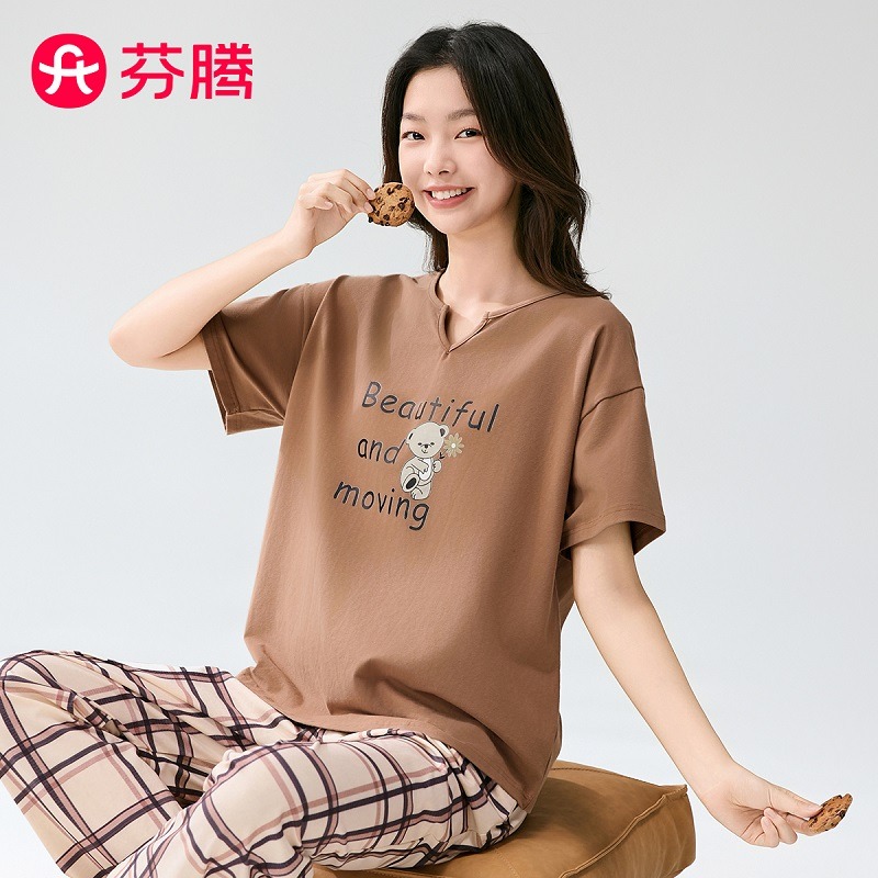 11714297.芬腾【100%纯棉】透气新款夏V领长裤格纹睡衣女士休闲家居服套装