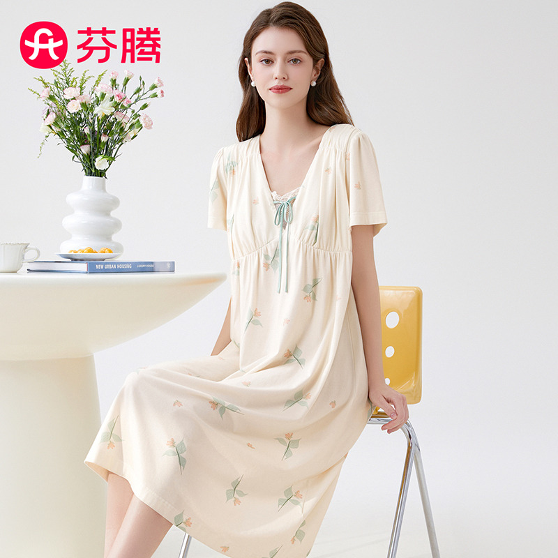11714284.芬腾【100%棉可外穿】夏季新款蕾丝方领碎花短袖裙女家居服睡裙