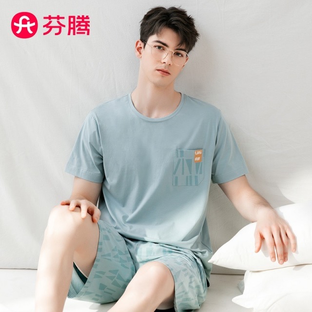 11731984.芬腾【100%纯棉】夏季新款圆领短袖透气男士睡衣休闲家居服套装