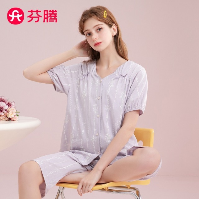11747739.芬腾品牌专供【100%棉】夏季新款圆领长裤外穿女士睡衣套装家居服