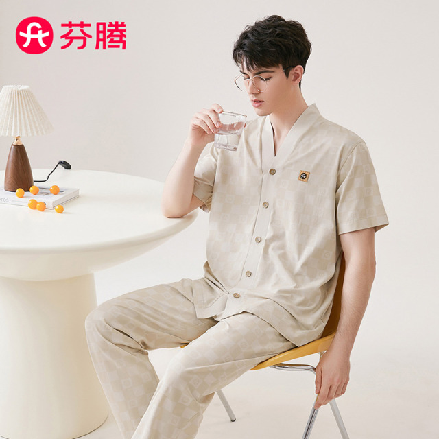 11746523.芬腾品牌专供【100%棉】夏季新款V领格纹高级感男士睡衣家居服长裤套装