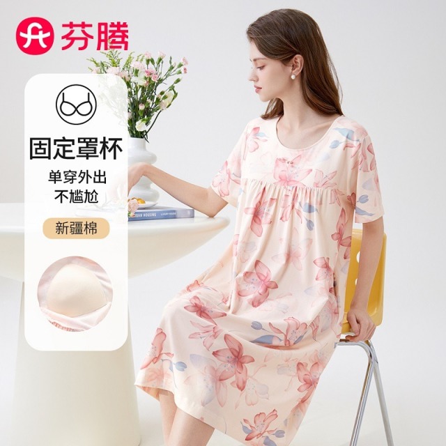 11751569.芬腾【100%棉 带胸垫】新品夏季薄款圆领短袖睡裙可外穿连身裙