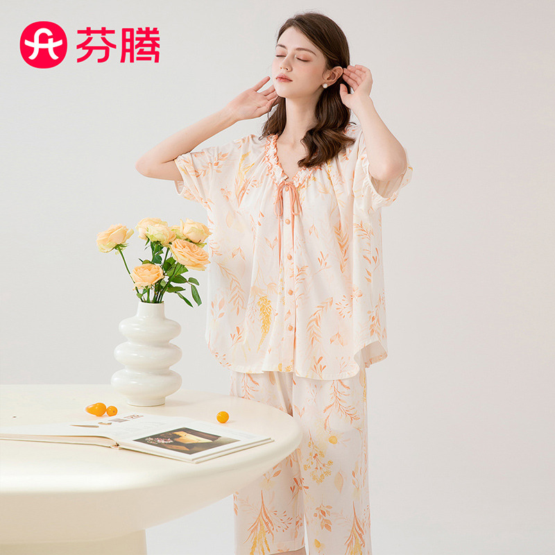 11751785.芬腾【100%棉外穿】夏季新款花边V领浪漫短袖七分裤睡衣女家居服