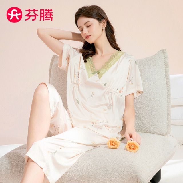 11759639.芬腾轻奢风【轻奢冰丝】夏季新款蕾丝V领微弹短袖七分裤女家居服套装高级感