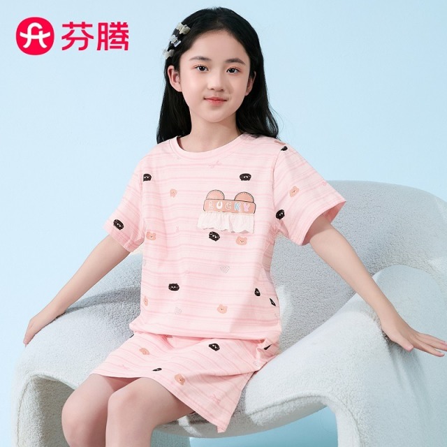 11764153.芬腾品牌专供【透气柔棉】夏季睡衣女童透气外穿圆领短袖儿童新款睡裙连身裙