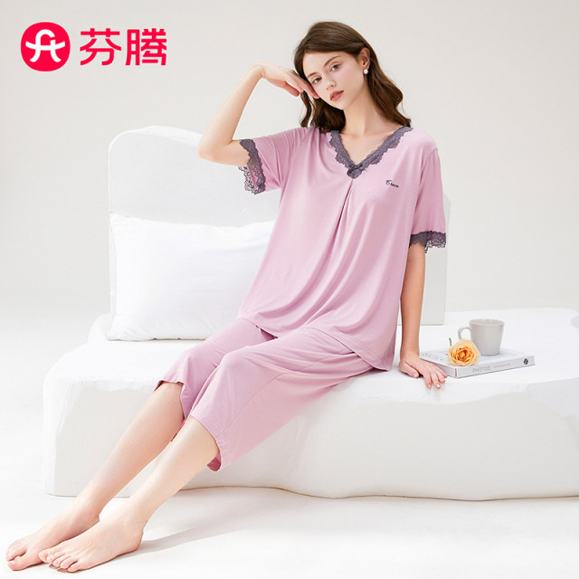 13818898.芬腾品牌专供凉感【环保优可丝】夏季蕾丝V领高级感新款女士睡衣薄款家居服套装