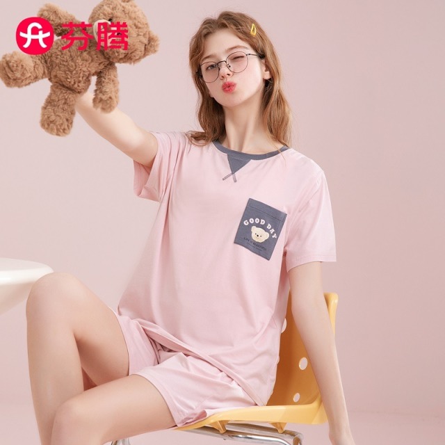 11767875.芬腾品牌专供【100%纯棉】夏季新款圆领甜酷运动外穿短袖家居服套装女睡衣