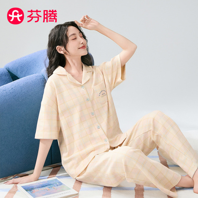 11791619.芬腾品牌专供【100%纯棉】夏季翻领新款长裤格纹女士家居服套装薄款睡衣