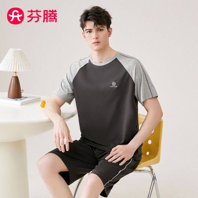 11792847.芬腾【100%纯棉】夏季新款套头圆领悠闲短袖家居服套装男睡衣薄款