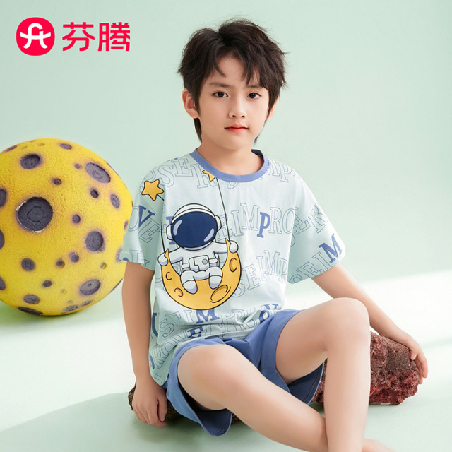 13187688.芬腾品牌专供【A类7A yi菌】儿童100%棉纯棉夏季薄款家居服套装男童睡衣