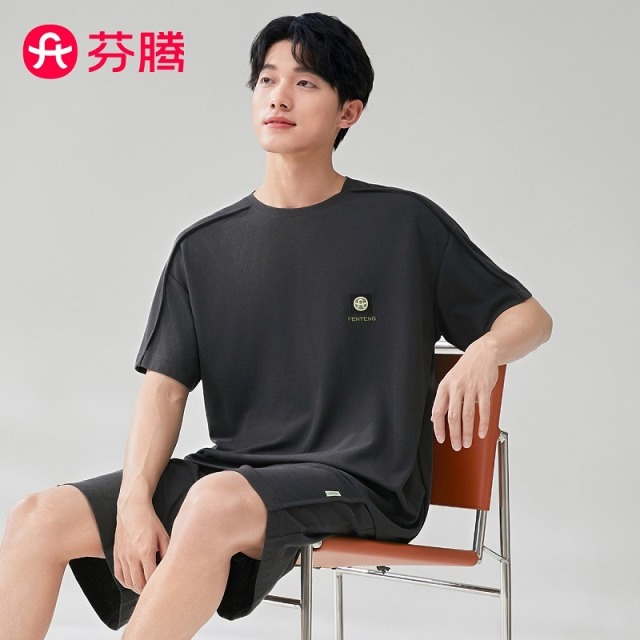 11907093.芬腾【松软华夫格】套头圆领轻运动风简约薄款短袖家居服套装男睡衣