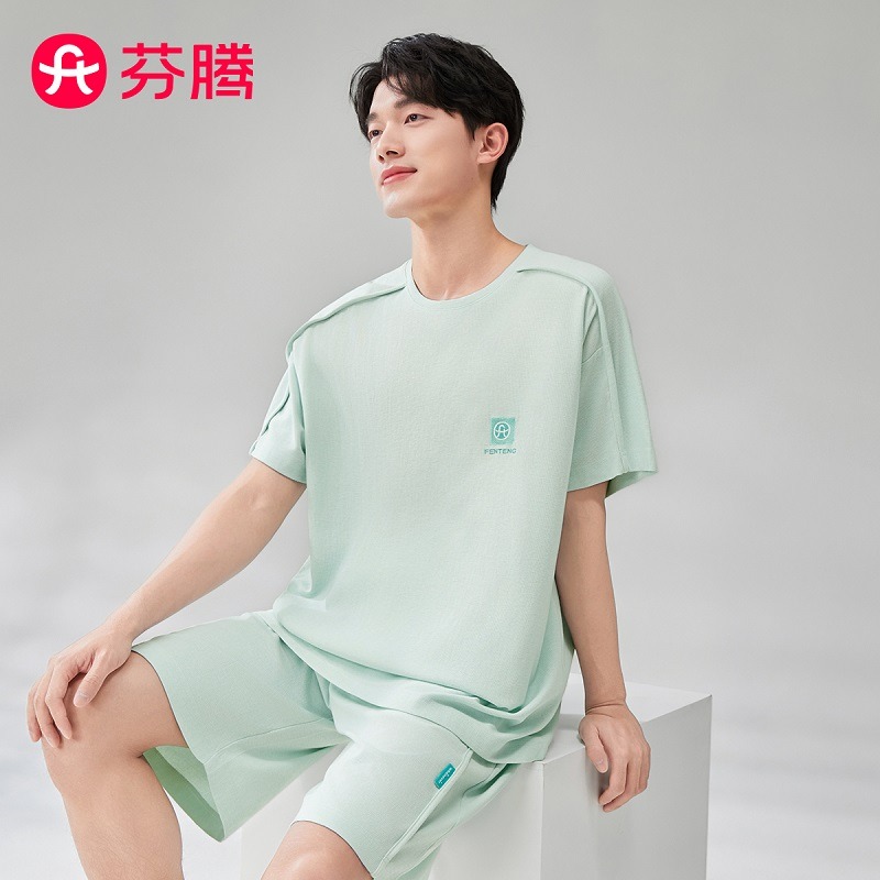 11907093.芬腾【松软华夫格】套头圆领轻运动风简约薄款短袖家居服套装男睡衣