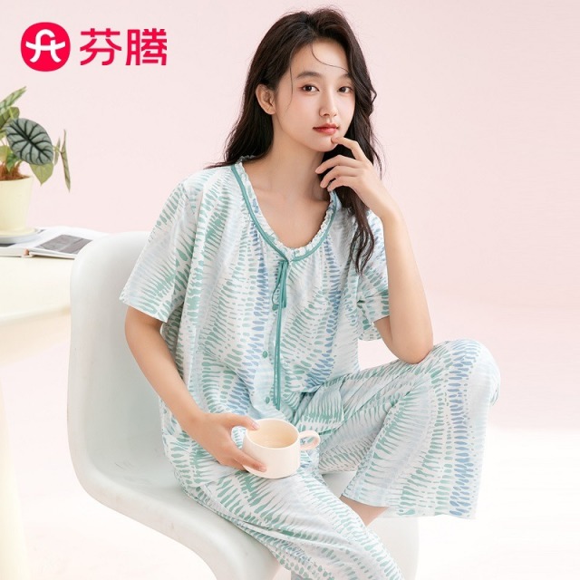 11907876.芬腾【100%纯棉】花边V领蝴蝶结短袖九分裤薄款家居服套装女睡衣